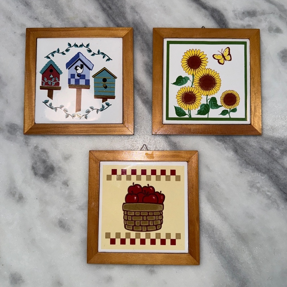 Vintage Wood Framed Ceramic Tiles Pine Frame Bird House, Sunflower, Apple.